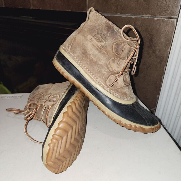 SOREL OUT N ABOUT Sz 7 Tan Distressed Leather Outdoor Rain Mud Ankle Duck Boots - Picture 2 of 9